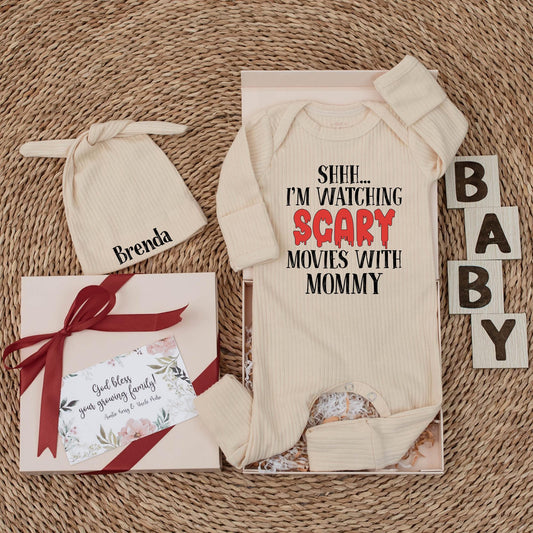 Shhh... Watching Scary Movies With Mommy Baby Bodysuit, Funny Halloween Outfit for Baby Boy or Girl, Cute Newborn Shower Gift