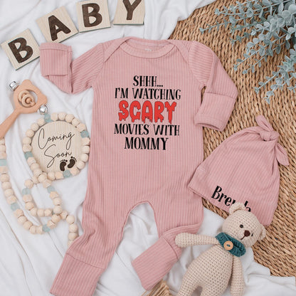 Shhh... Watching Scary Movies With Mommy Baby Bodysuit, Funny Halloween Outfit for Baby Boy or Girl, Cute Newborn Shower Gift