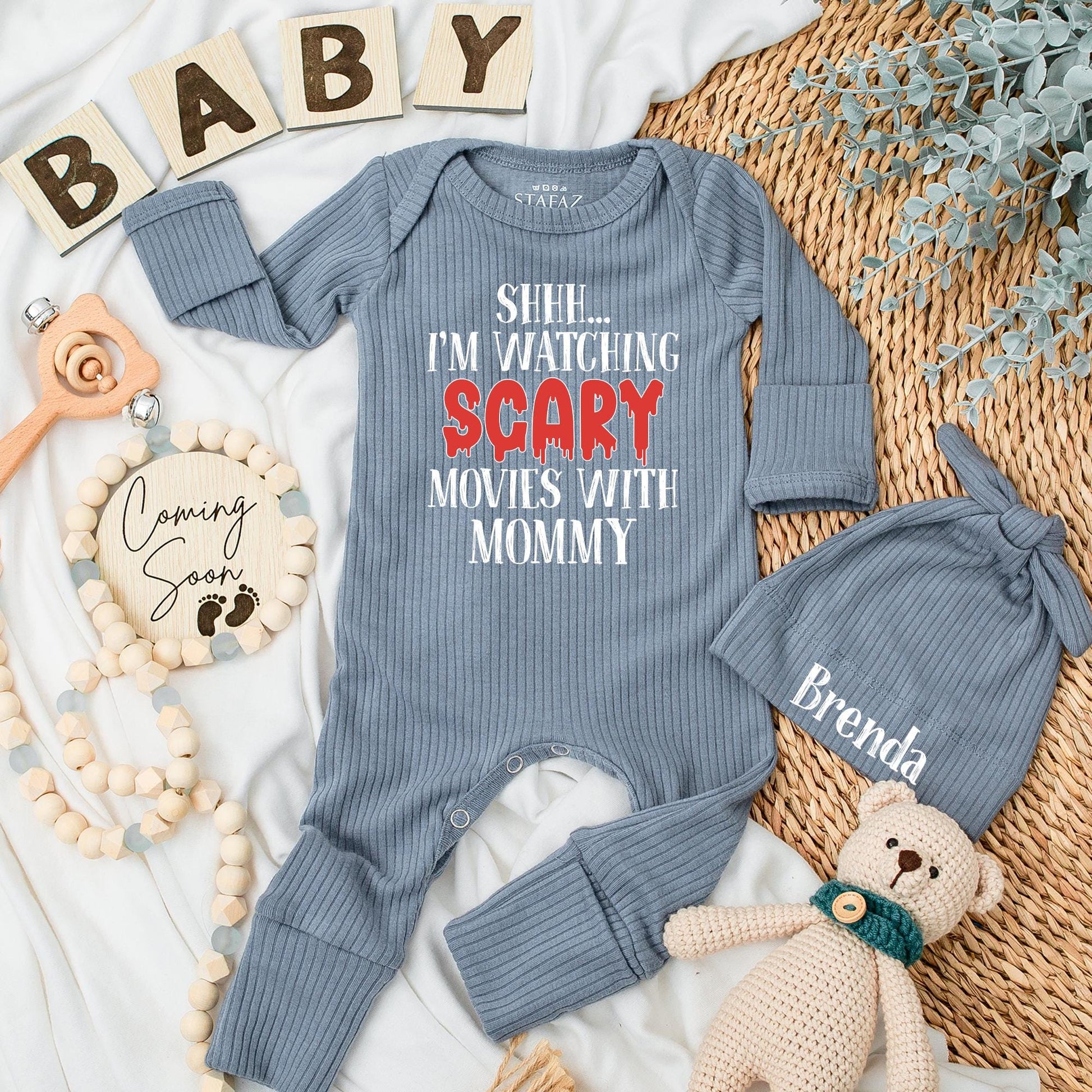 Shhh... Watching Scary Movies With Mommy Baby Bodysuit, Funny Halloween Outfit for Baby Boy or Girl, Cute Newborn Shower Gift