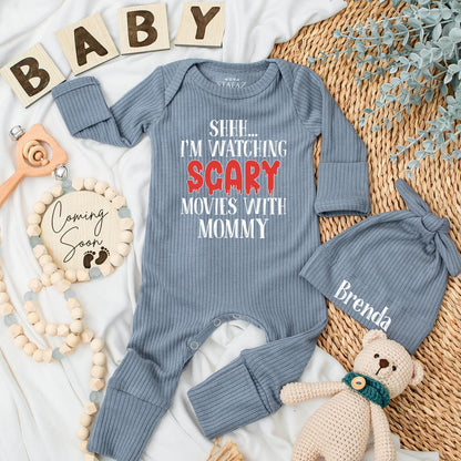 Shhh... Watching Scary Movies With Mommy Baby Bodysuit, Funny Halloween Outfit for Baby Boy or Girl, Cute Newborn Shower Gift