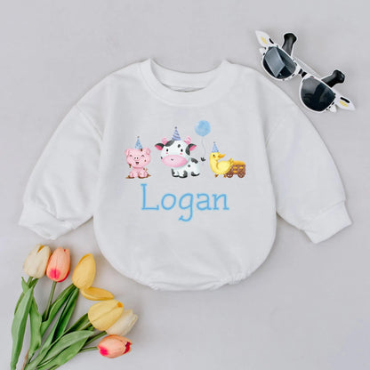 Personalized Farm Animal Bubble Romper Long Sleeve Baby Outfit Custom Name Barnyard Bodysuit First Birthday Toddler Fall Clothes