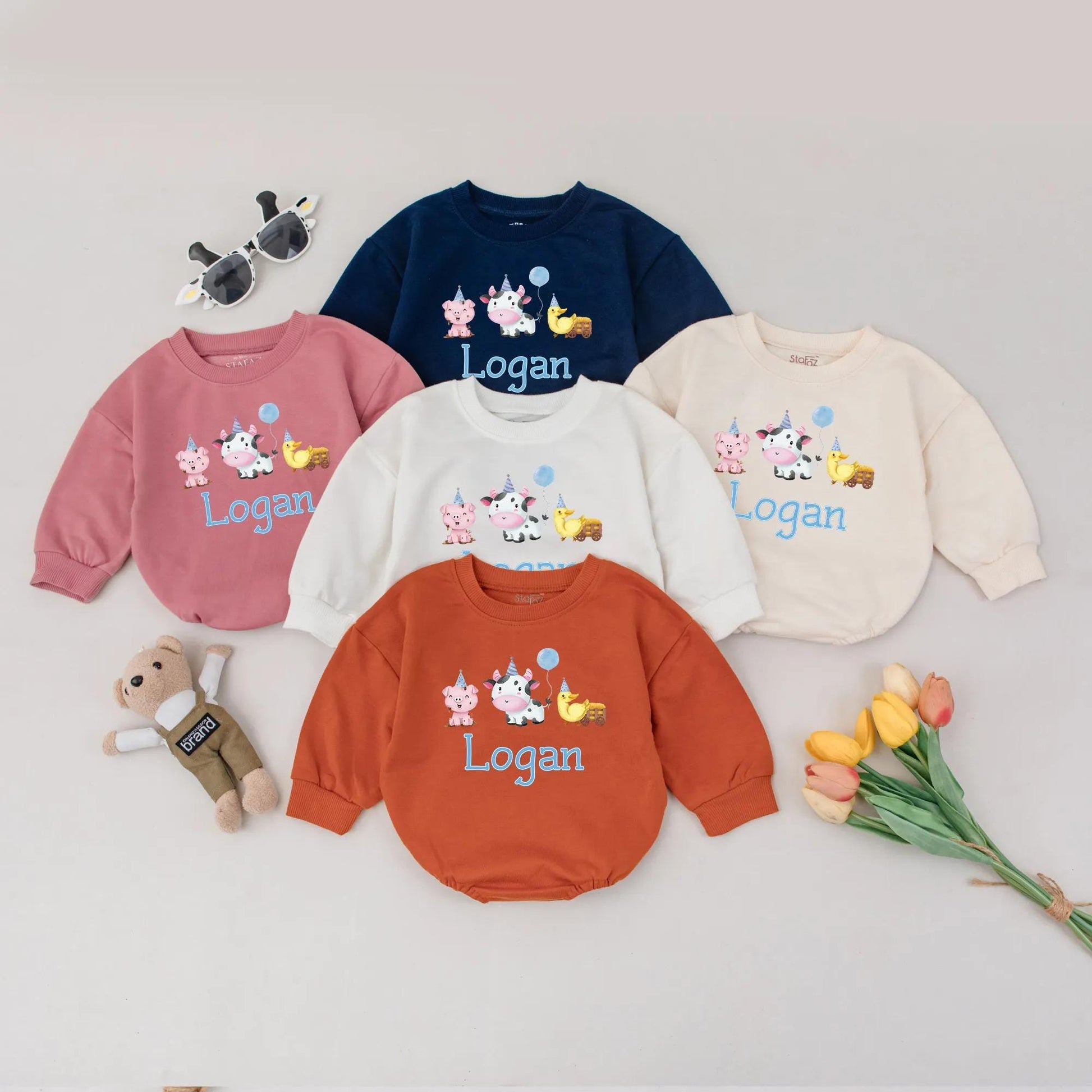 Personalized Farm Animal Bubble Romper Long Sleeve Baby Outfit Custom Name Barnyard Bodysuit First Birthday Toddler Fall Clothes