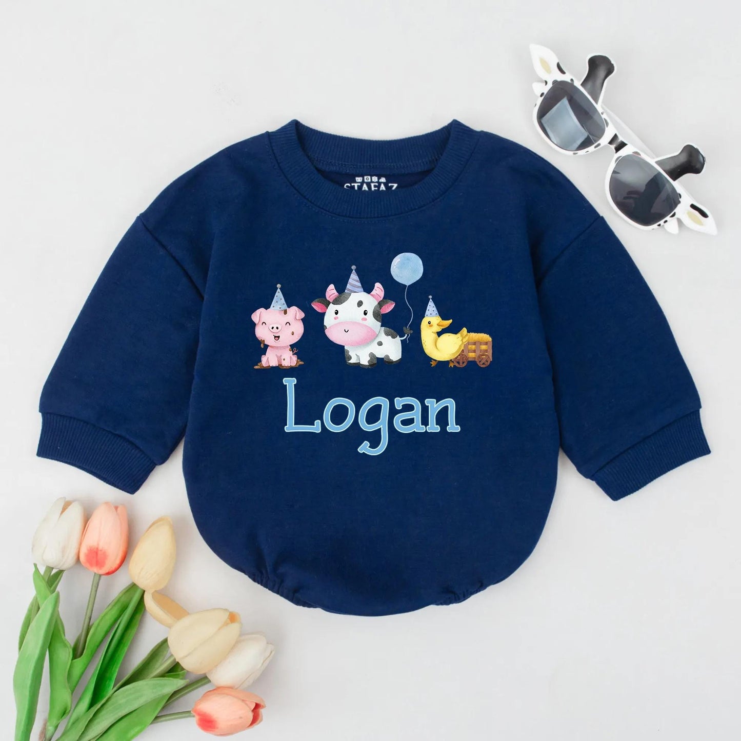 Personalized Farm Animal Bubble Romper Long Sleeve Baby Outfit Custom Name Barnyard Bodysuit First Birthday Toddler Fall Clothes