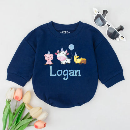 Personalized Farm Animal Bubble Romper Long Sleeve Baby Outfit Custom Name Barnyard Bodysuit First Birthday Toddler Fall Clothes
