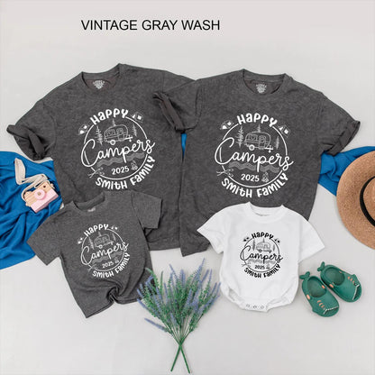 Happy Campers 2025 Family Trip Shirts: Custom Camping Adventure Outfit with Personalized Name, Big Family Vacation Clothes, Whimsical Outdoor Tee