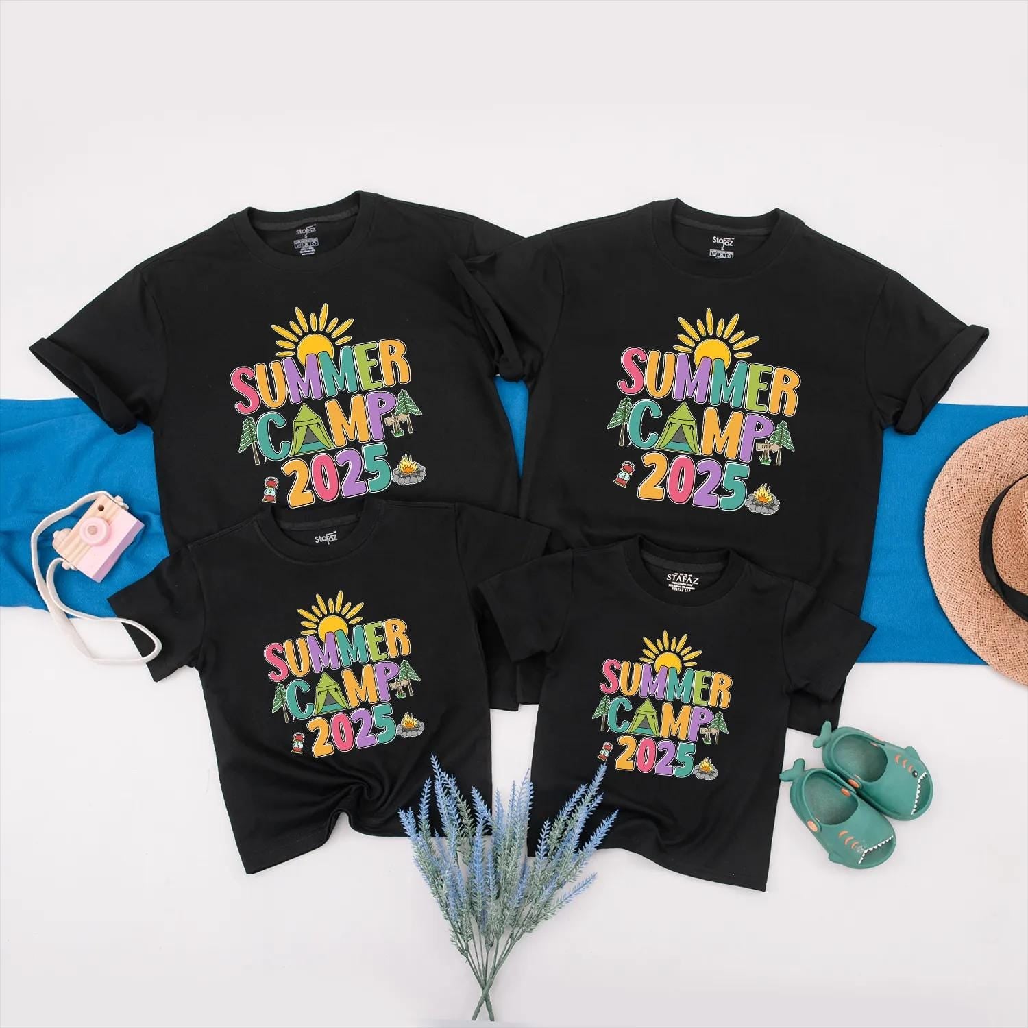 Colorful Summer Camp 2025 Shirt for Family Camping Vacation, Cheerful Group Tee with Sun Tent Campfire Graphics, Nature Lover Adventure Outfit