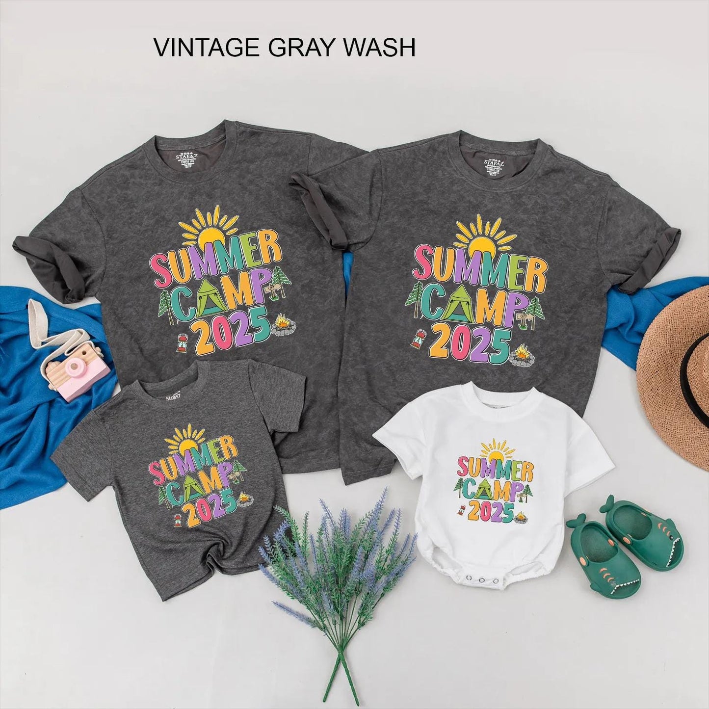 Colorful Summer Camp 2025 Shirt for Family Camping Vacation, Cheerful Group Tee with Sun Tent Campfire Graphics, Nature Lover Adventure Outfit