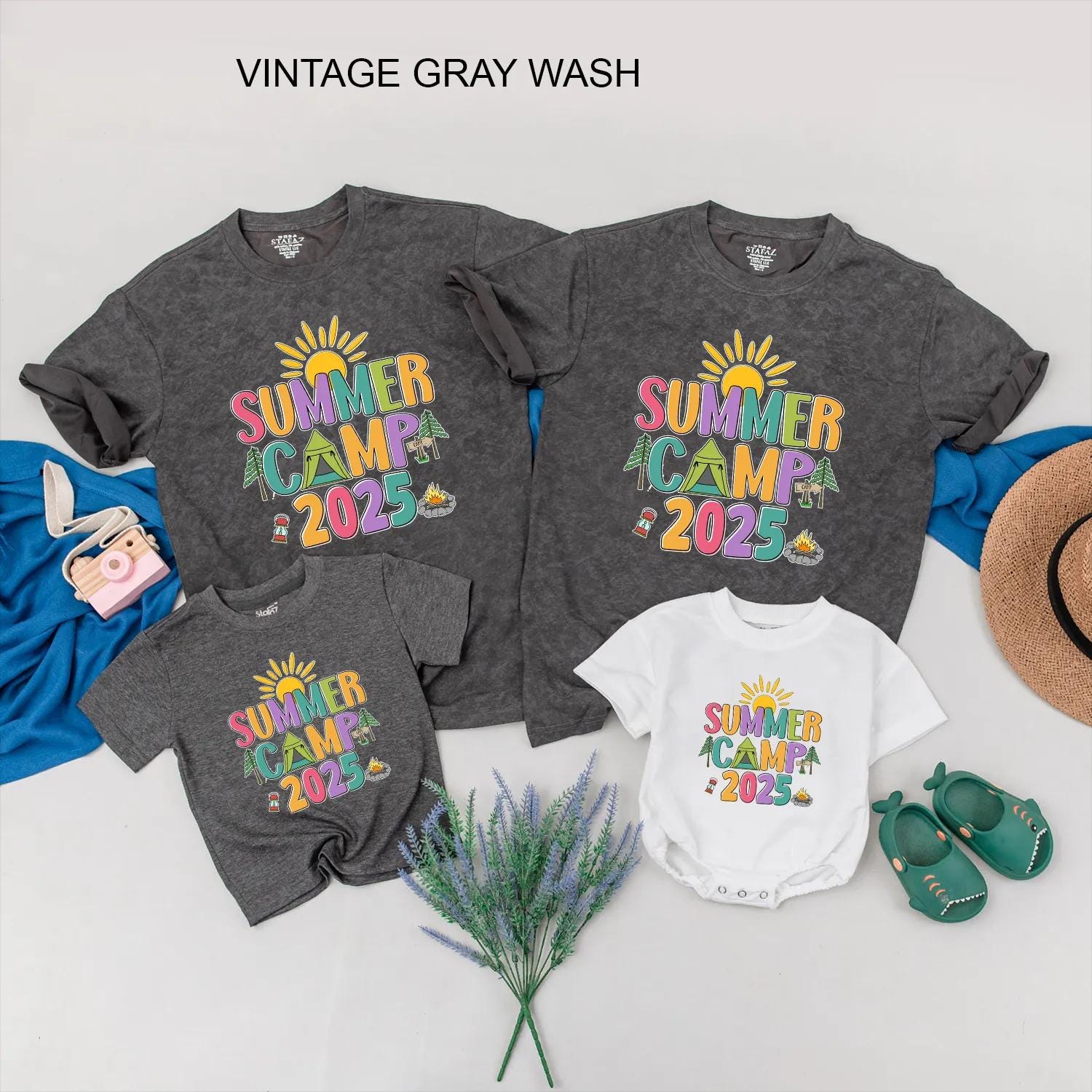 Colorful Summer Camp 2025 Shirt for Family Camping Vacation, Cheerful Group Tee with Sun Tent Campfire Graphics, Nature Lover Adventure Outfit