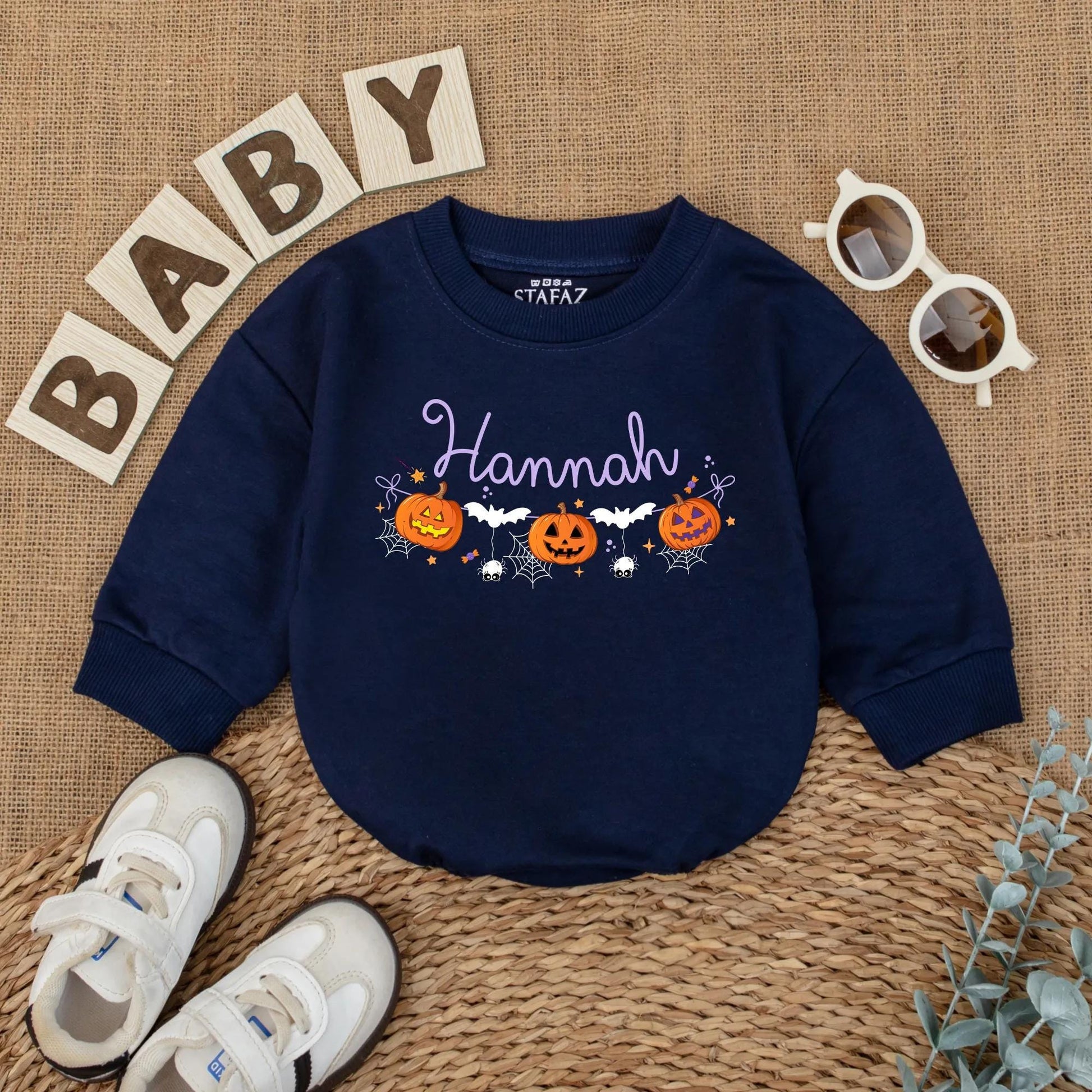 First Halloween Baby Girl Romper Personalized Pumpkin Name Outfit Cute Spooky Season Fall Baby Clothes for Girls Custom Newborn Outfit