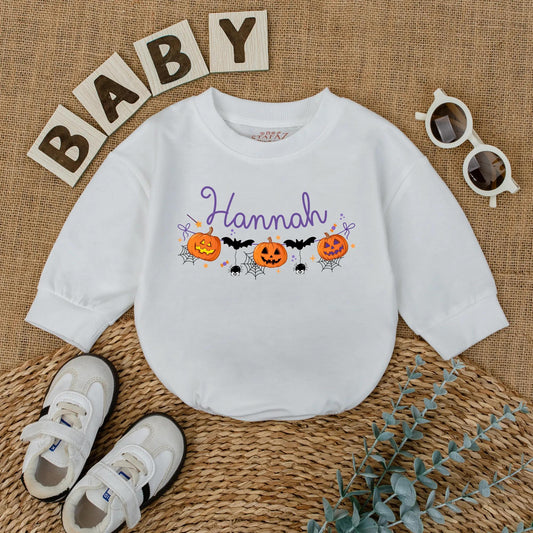 First Halloween Baby Girl Romper Personalized Pumpkin Name Outfit Cute Spooky Season Fall Baby Clothes for Girls Custom Newborn Outfit