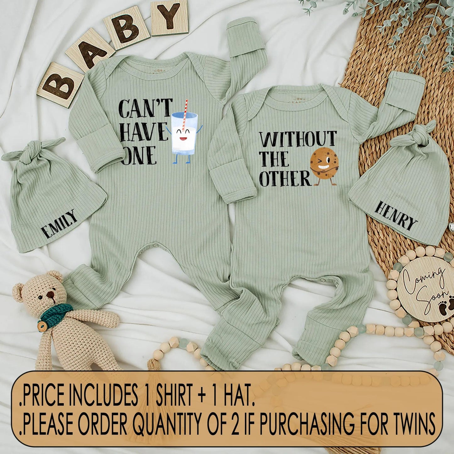 Cute Twins Outfits, Milk and Cookie Twin Bodysuits, Funny Gift for Twins Baby Shower 