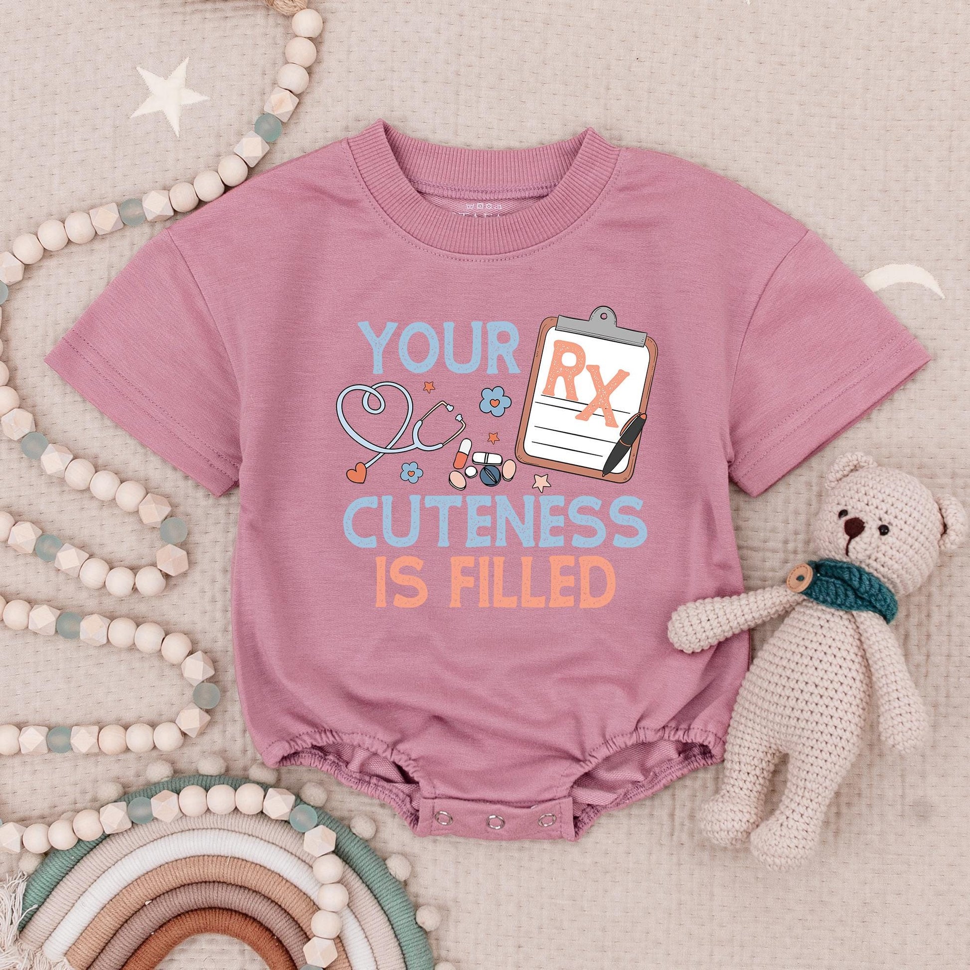 Cute Pharmacist Baby Romper with Stethoscope Heart RX Design Blue Orange 'YOUR CUTENESS IS FILLED' Lettering Adorable Doctor Baby Shower Gift Babysuit