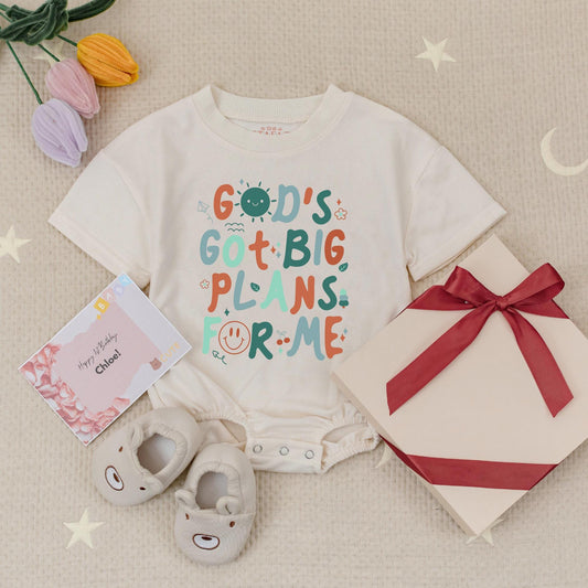 God's Got Big Plans For Me Christian Baby Romper Boy Birthday Gift Grandson Religious Retro Whimsical Sun & Flower Design Cotton Comfy