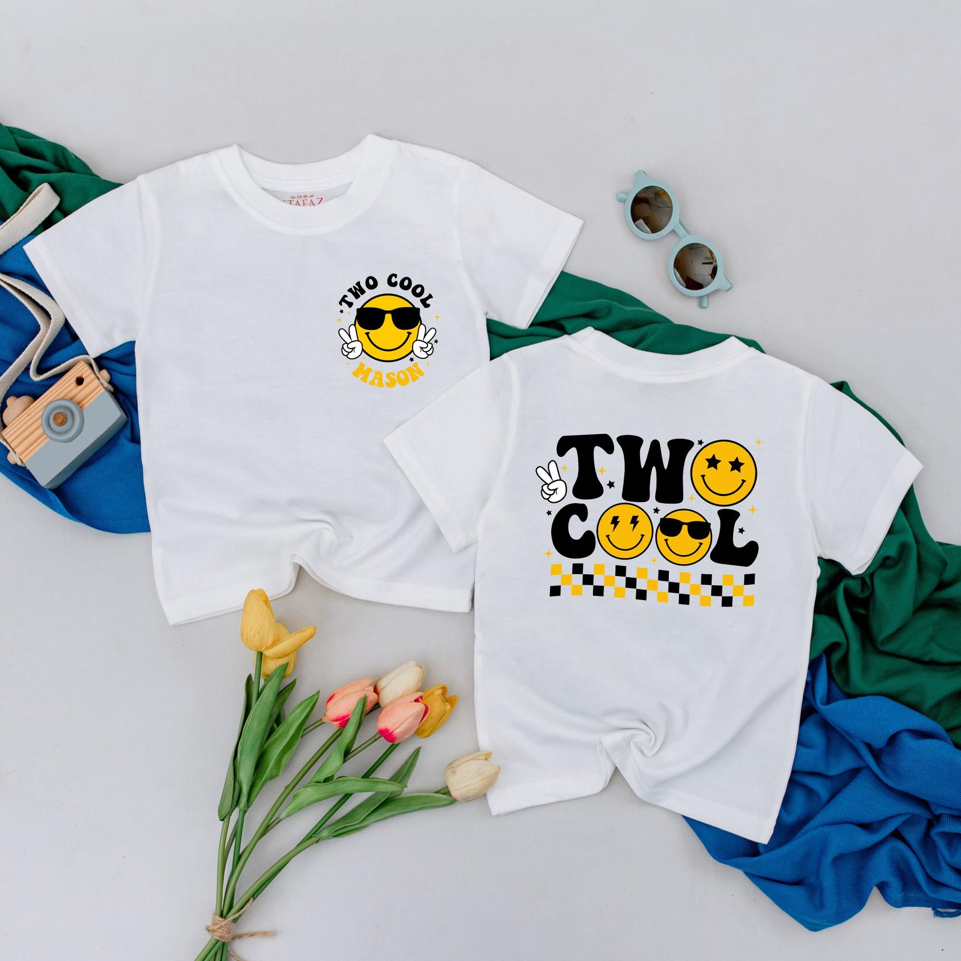 Two Cool Custom Birthday Boy Shirt, Retro Smiley Face Tee, Personalized Second Birthday Outfit, Toddler 2nd Birthday Gift, Happy Face Party Top
