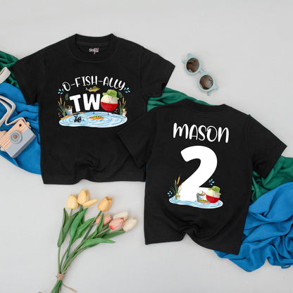 Personalized O-Fish-Ally Two Birthday T-Shirt for 2nd Birthday Boy, Playful Fishing Party Toddler Tee with Name and Bobber Fish Scene Design