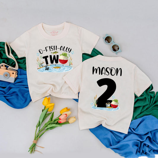 Personalized O-Fish-Ally Two Birthday T-Shirt for 2nd Birthday Boy, Playful Fishing Party Toddler Tee with Name and Bobber Fish Scene Design
