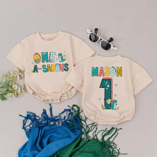 Personalized Dinosaur 1st Birthday Romper Custom Name One-A-Saurus Boy Outfit Colorful Dino Baby Soft Cotton Bodysuit Cheerful Celebration Gift