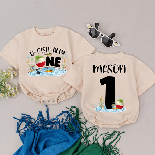 Personalized O-Fish-Ally One Birthday Romper for Baby Boy, Fishing 1st Birthday Outfit, Custom Name Bodysuit, Baby Boy Clothes