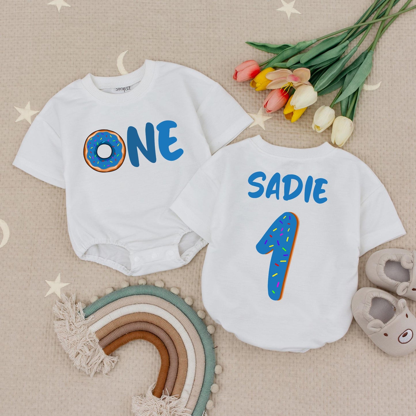 Custom Blue Sprinkled Donut 'ONE' Romper Personalized First Birthday Baby Outfit Toddler Boy Girl Donut Party Gift