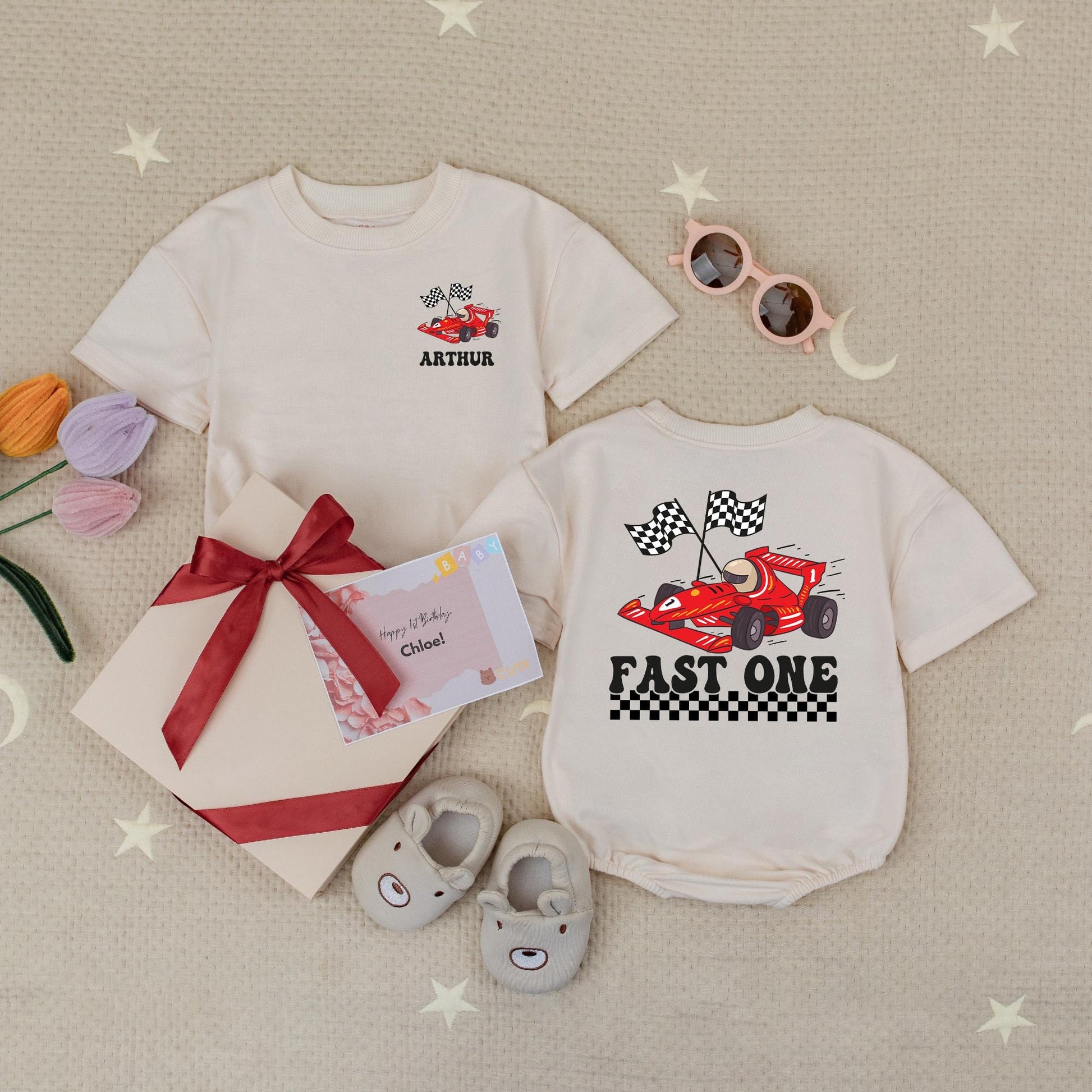 Personalized Racecar Birthday Romper, Fast One Bodysuit, Custom Name Racing Outfit for Baby Boy, Checkered Flags, First Birthday Party Gift, 1st Bday