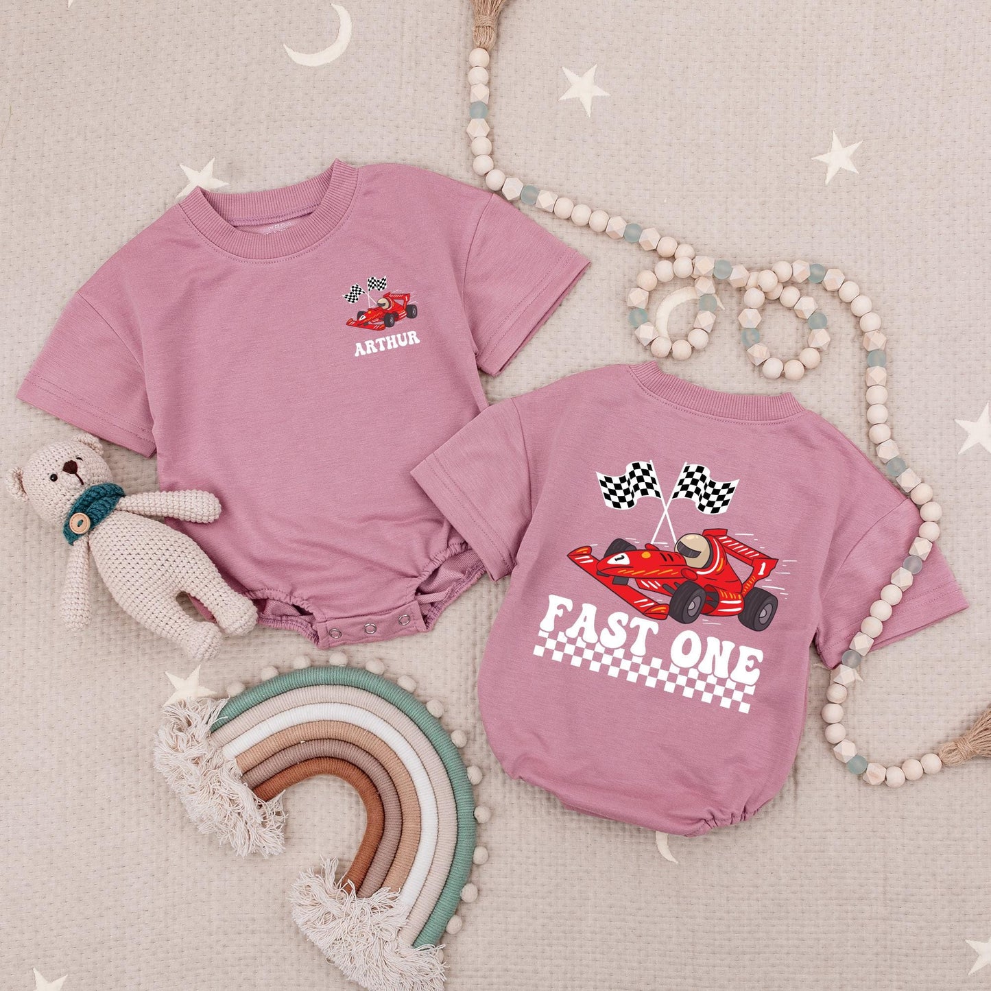 Personalized Racecar Birthday Romper, Fast One Bodysuit, Custom Name Racing Outfit for Baby Boy, Checkered Flags, First Birthday Party Gift, 1st Bday