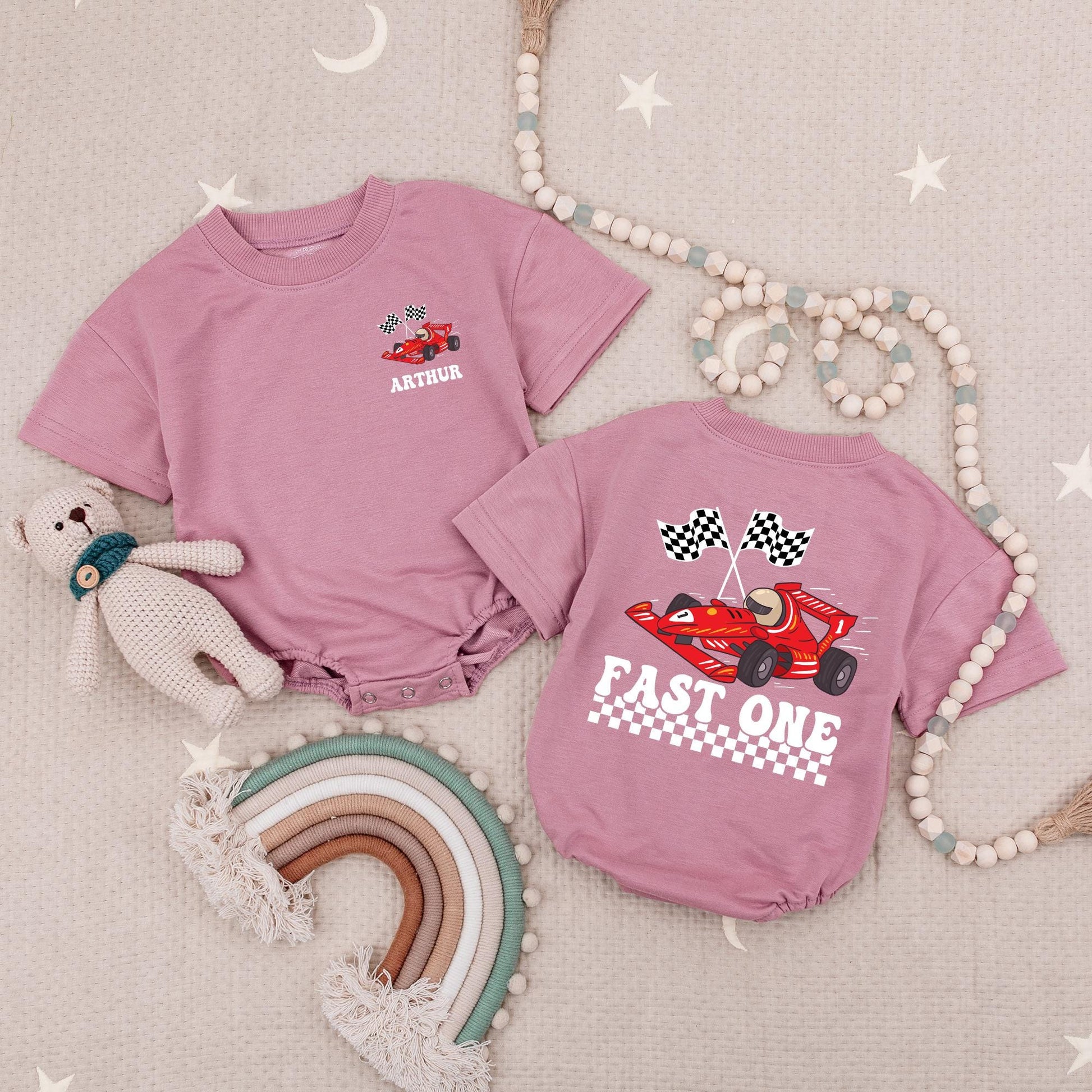 Personalized Racecar Birthday Romper, Fast One Bodysuit, Custom Name Racing Outfit for Baby Boy, Checkered Flags, First Birthday Party Gift, 1st Bday