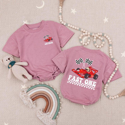 Personalized Racecar Birthday Romper, Fast One Bodysuit, Custom Name Racing Outfit for Baby Boy, Checkered Flags, First Birthday Party Gift, 1st Bday