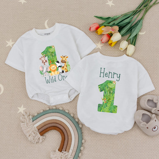 Wild One First Birthday Baby Romper, Personalized Name & Age Zoo Safari Outfit, Boy's 1st Birthday Babysuit, Green Leaf Design