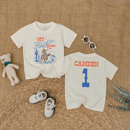 Custom My First Rodeo Baby Romper Personalized Wild West Cowboy Outfit Bubble Bodysuit for First Birthday Cowboy Theme Celebration Gift