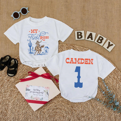 Custom My First Rodeo Baby Romper Personalized Wild West Cowboy Outfit Bubble Bodysuit for First Birthday Cowboy Theme Celebration Gift