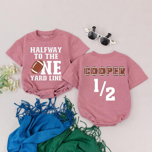 Custom Football Half Birthday Romper Boy Personalized Name "Halfway to One" Football Bodysuit