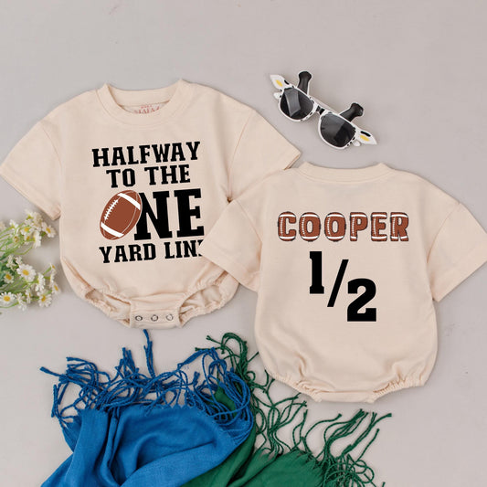 Custom Football Half Birthday Romper Boy Personalized Name "Halfway to One" Football Bodysuit