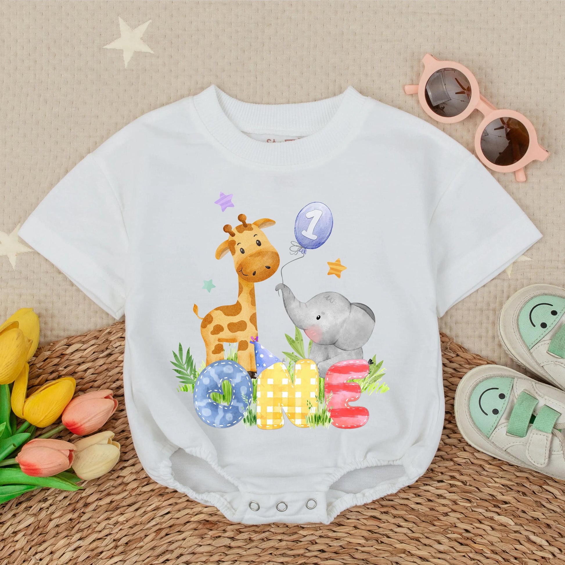Wild One Safari Animals Boy 1st Birthday Bubble Romper Cute Zoo Outfit Personalized Toddler Gift Idea Soft Cotton Comfortable