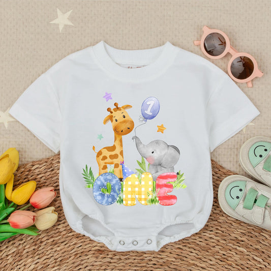 Wild One Safari Animals Boy 1st Birthday Bubble Romper Cute Zoo Outfit Personalized Toddler Gift Idea Soft Cotton Comfortable