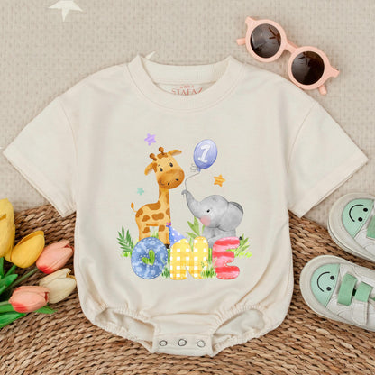 Wild One Safari Animals Boy 1st Birthday Bubble Romper Cute Zoo Outfit Personalized Toddler Gift Idea Soft Cotton Comfortable