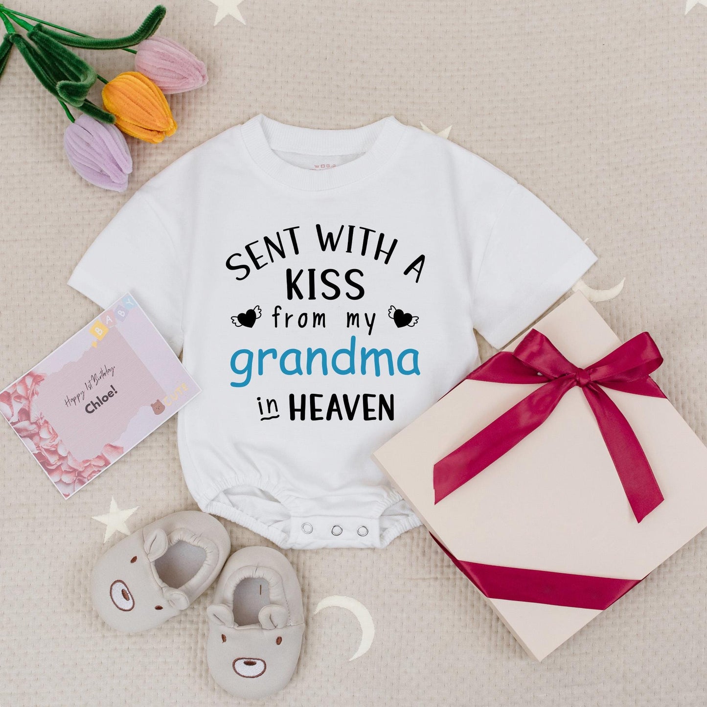 Sent With A Kiss From My Grandma In Heaven Personalized Baby Romper Guardian Angel Gift Soft Cotton Bodysuit Winged Heart Design