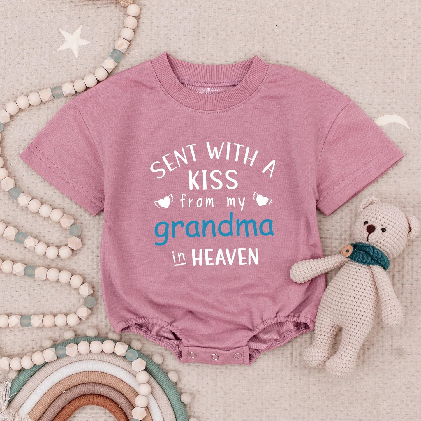 Sent With A Kiss From My Grandma In Heaven Personalized Baby Romper Guardian Angel Gift Soft Cotton Bodysuit Winged Heart Design