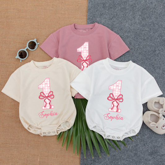 Personalized Pink Bow Checker First Birthday Romper Cute Baby Girl Summer Short Sleeve Bubble Outfit Special Gift Idea
