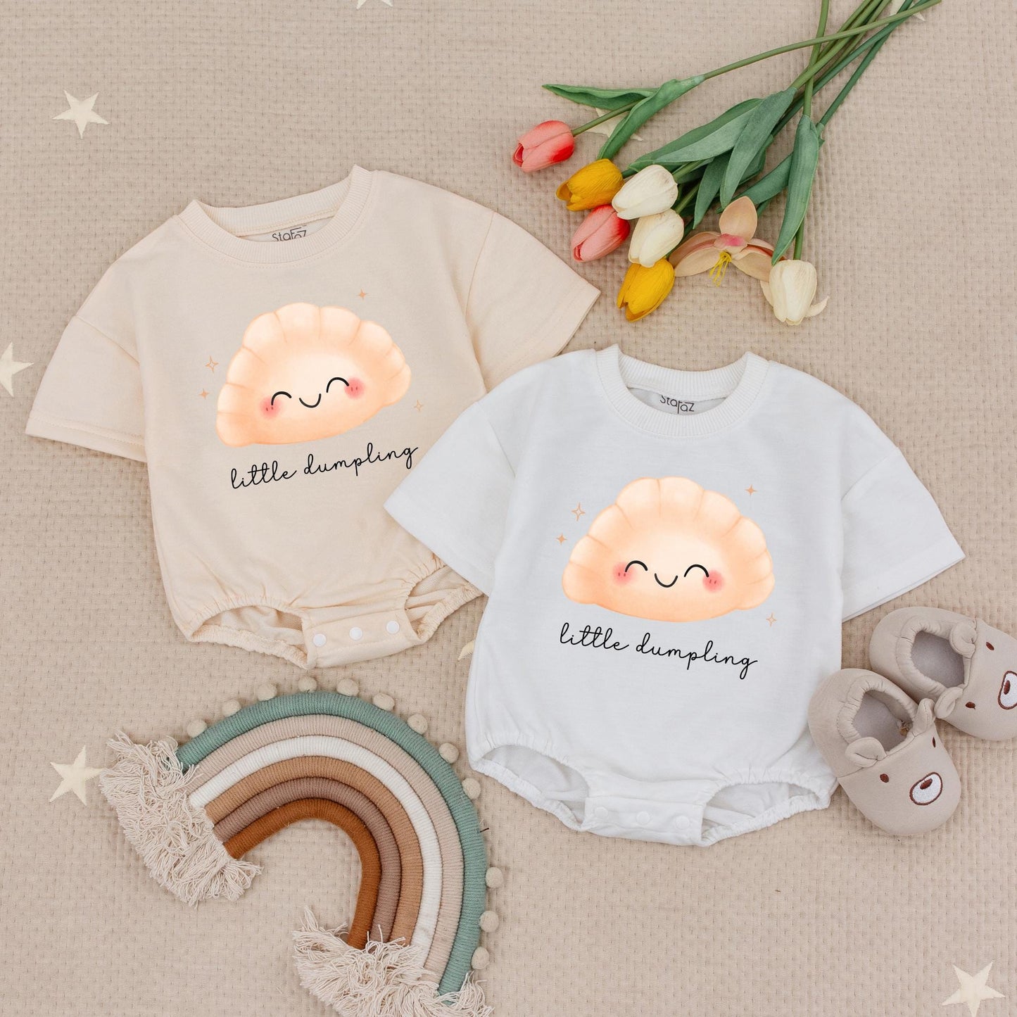 Little Dumpling Baby Romper Cute Dimsum Outfit Newborn Gift Smiling Peach & White Dumpling Graphic Cursive 'Little Dumpling' Playful Baby Shower