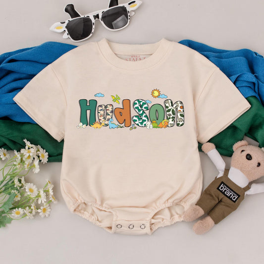 Personalized Dino Baby Romper for Boys, Custom Name Dinosaur Bodysuit, 1st Birthday Outfit, Baby Boy Clothes, Adorable Shower Gift