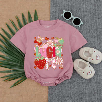 Personalized Strawberry Name Bubble Romper for Baby Girl: Sweet Berry 1st Birthday Outfit with Bow, Infant Shower Gift