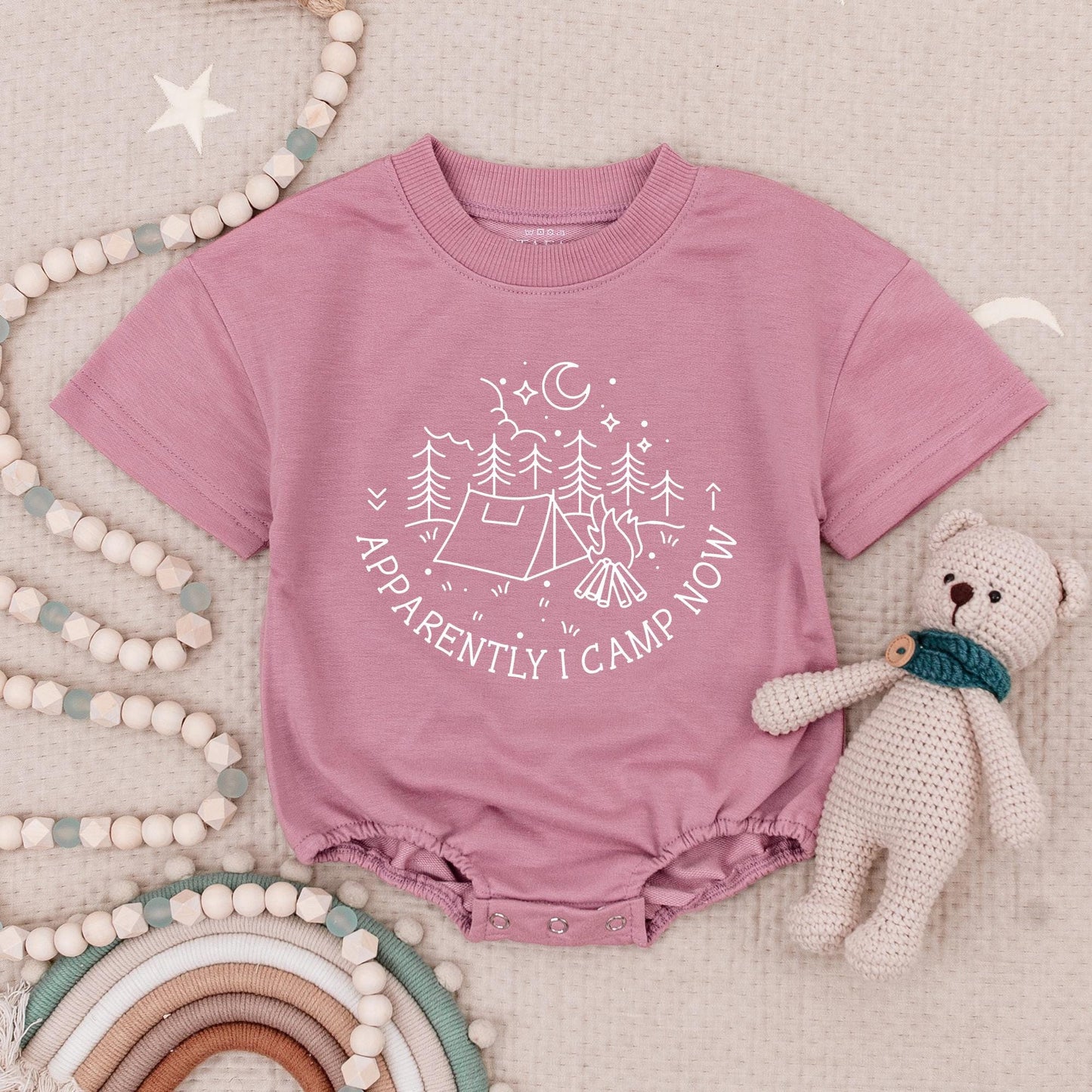 Apparently I Camp Now Baby Romper Bodysuit Camping Adventure Infant Toddler Outfit with Playful Tent Campfire Mountain Graphic Comfortable Natural Summer