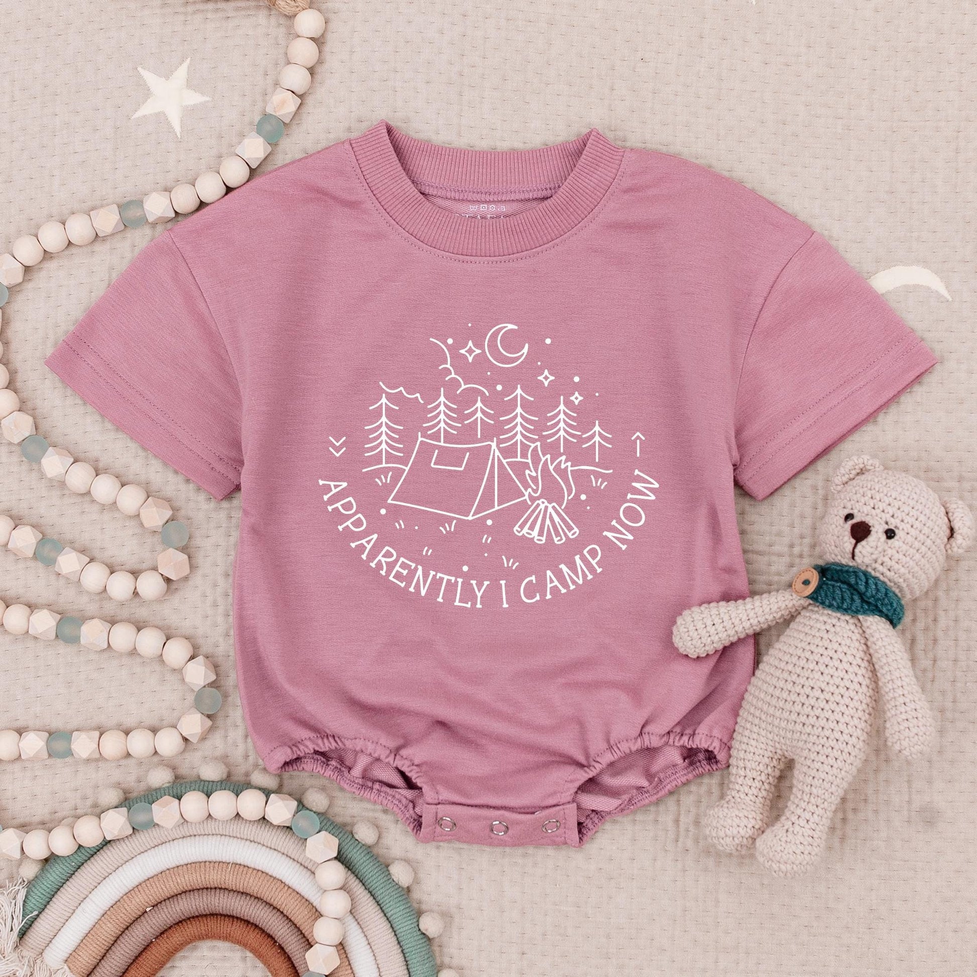Apparently I Camp Now Baby Romper Bodysuit Camping Adventure Infant Toddler Outfit with Playful Tent Campfire Mountain Graphic Comfortable Natural Summer