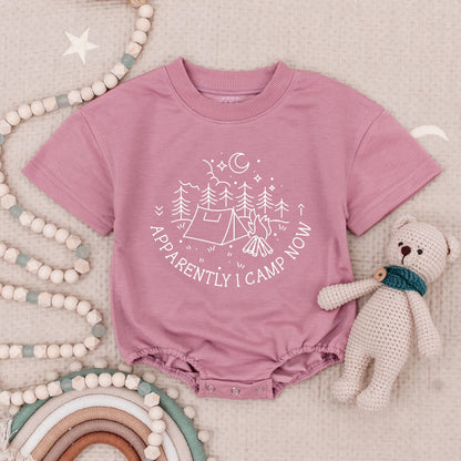 Apparently I Camp Now Baby Romper Bodysuit Camping Adventure Infant Toddler Outfit with Playful Tent Campfire Mountain Graphic Comfortable Natural Summer