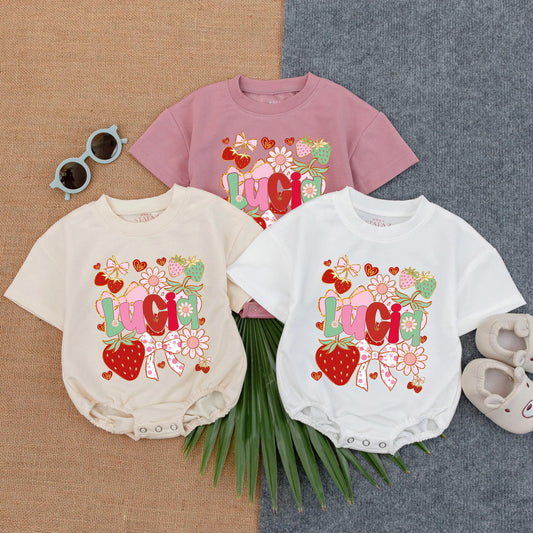 Personalized Strawberry Name Bubble Romper for Baby Girl: Sweet Berry 1st Birthday Outfit with Bow, Infant Shower Gift