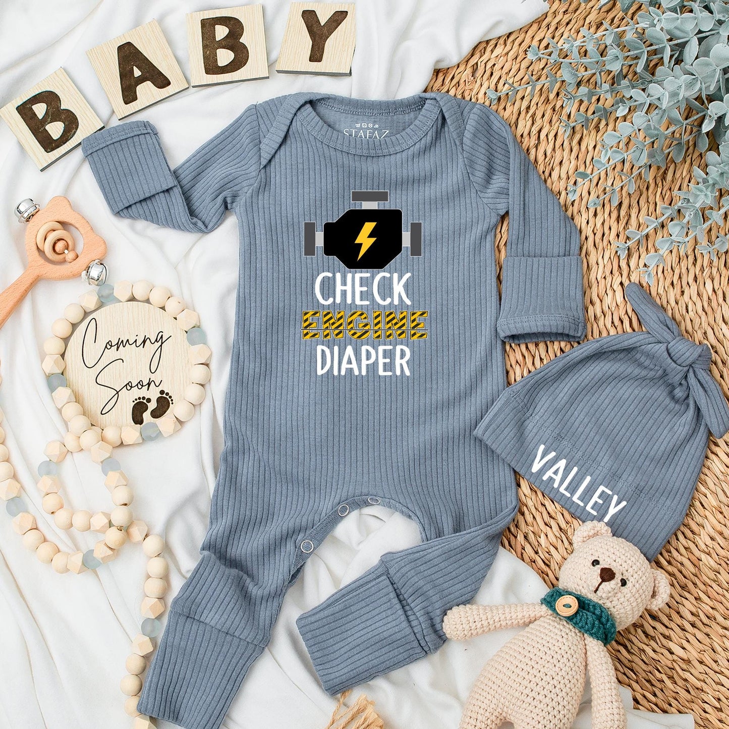 Check Engine Baby Bodysuit Funny Mechanic Diaper Humor Cute Lightning Bolt Engine Yellow Black Hazard Tape Style Baby Shower Gift for Newborns
