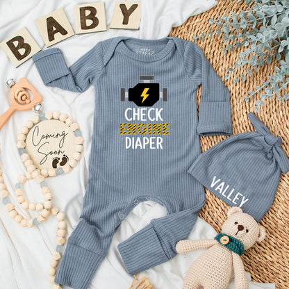 Check Engine Baby Bodysuit Funny Mechanic Diaper Humor Cute Lightning Bolt Engine Yellow Black Hazard Tape Style Baby Shower Gift for Newborns