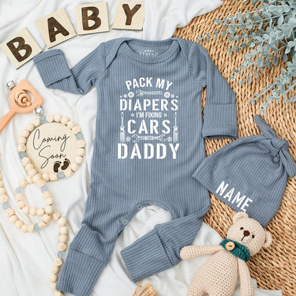 Daddy and Me Baby Bodysuit 'PACK MY DIAPERS I'M FIXING CARS WITH DADDY' Mechanic Newborn Outfit Garage Buddy Boy Shower Gift