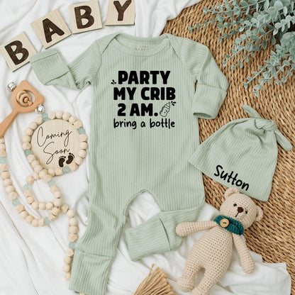 Party At My Crib Bodysuit: Funny 2 AM Baby Outfit, Bring a Bottle! Humorous Newborn Clothes, Cute Shower Gift, Modern Baby Clothes, Black Ink Design (137 chars)