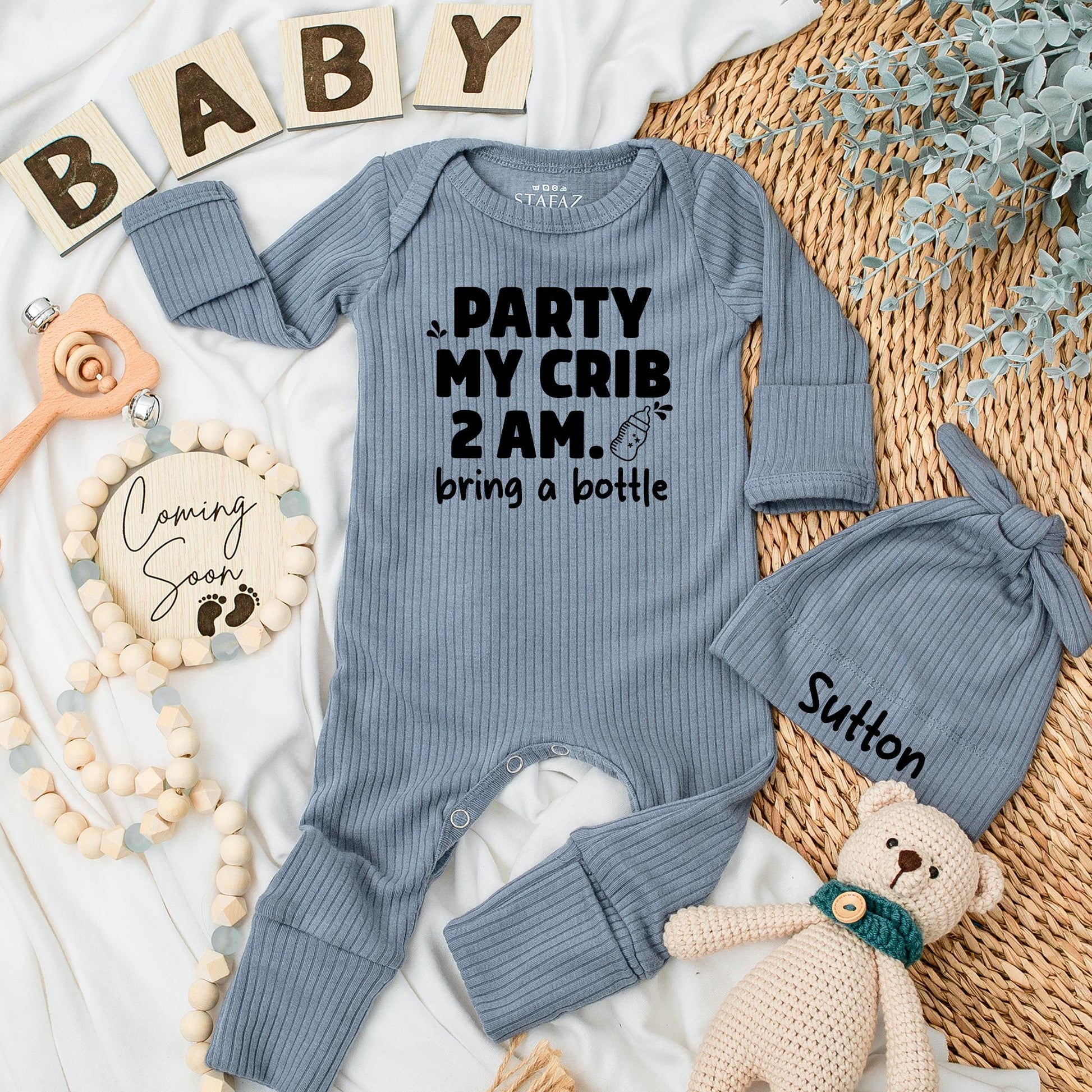 Party At My Crib Bodysuit: Funny 2 AM Baby Outfit, Bring a Bottle! Humorous Newborn Clothes, Cute Shower Gift, Modern Baby Clothes, Black Ink Design (137 chars)